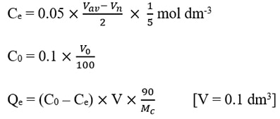 equations used for Ce Co Qe in oxalic acid adsorption to activated charcoal adsorption isotherm
